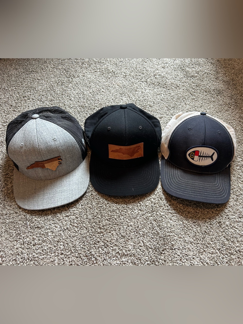 Mens North Carolina Three Trucker Hats with Leather Patches and Fish Patch